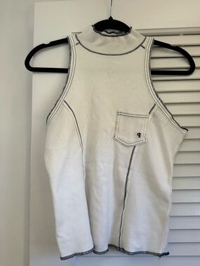 Pilcro White Ribbed Tank with Navy Contrast Stitching